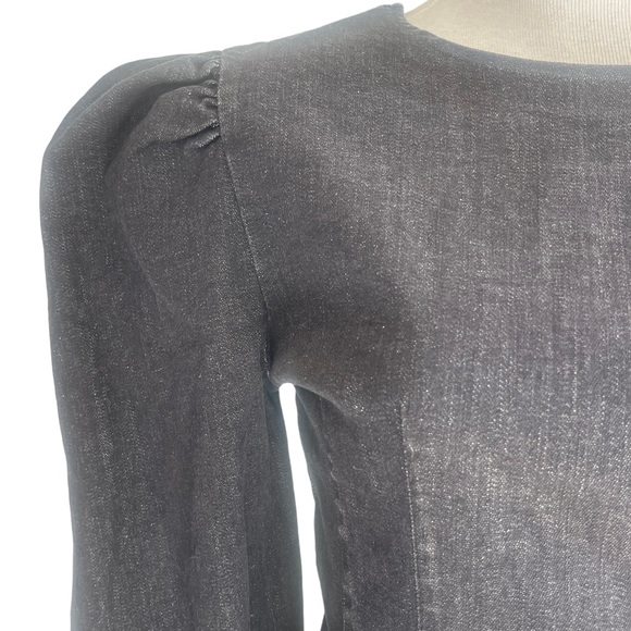 TOPSHOP SEAMED DENIM IN WASHED BLACK ROUND NECK PUFF SHOULDER | SIZE UK10  NWT - Picture 7 of 12